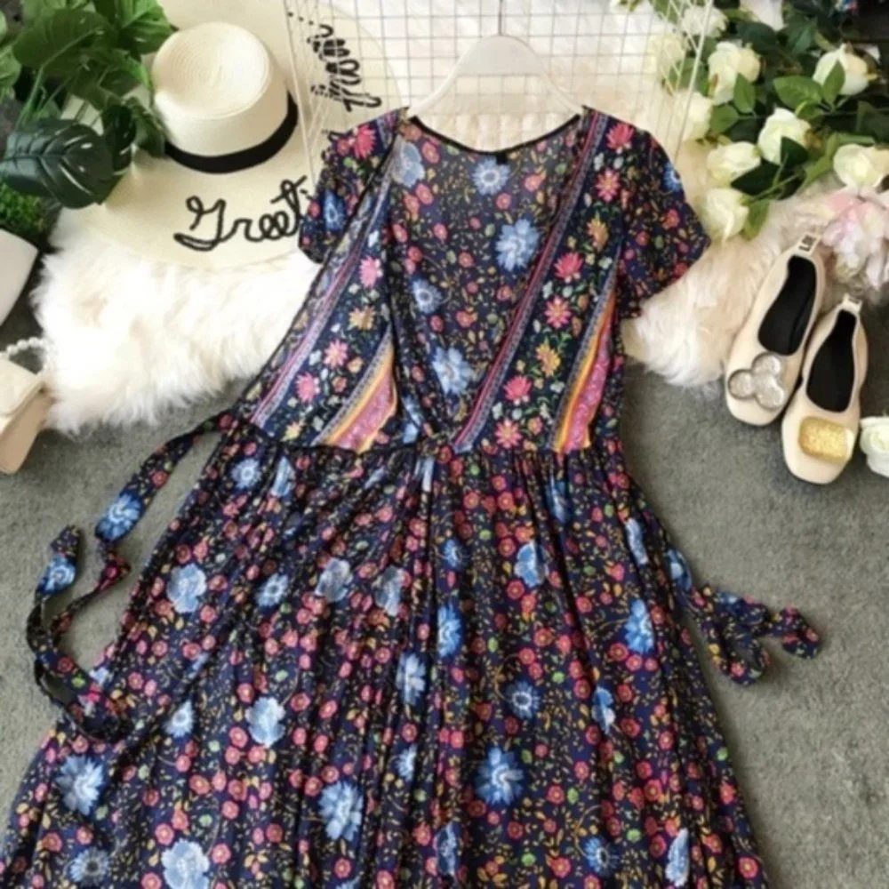 Boho Gypsy Navy Floral Print wrap midi Dress - Picture 6 of 7